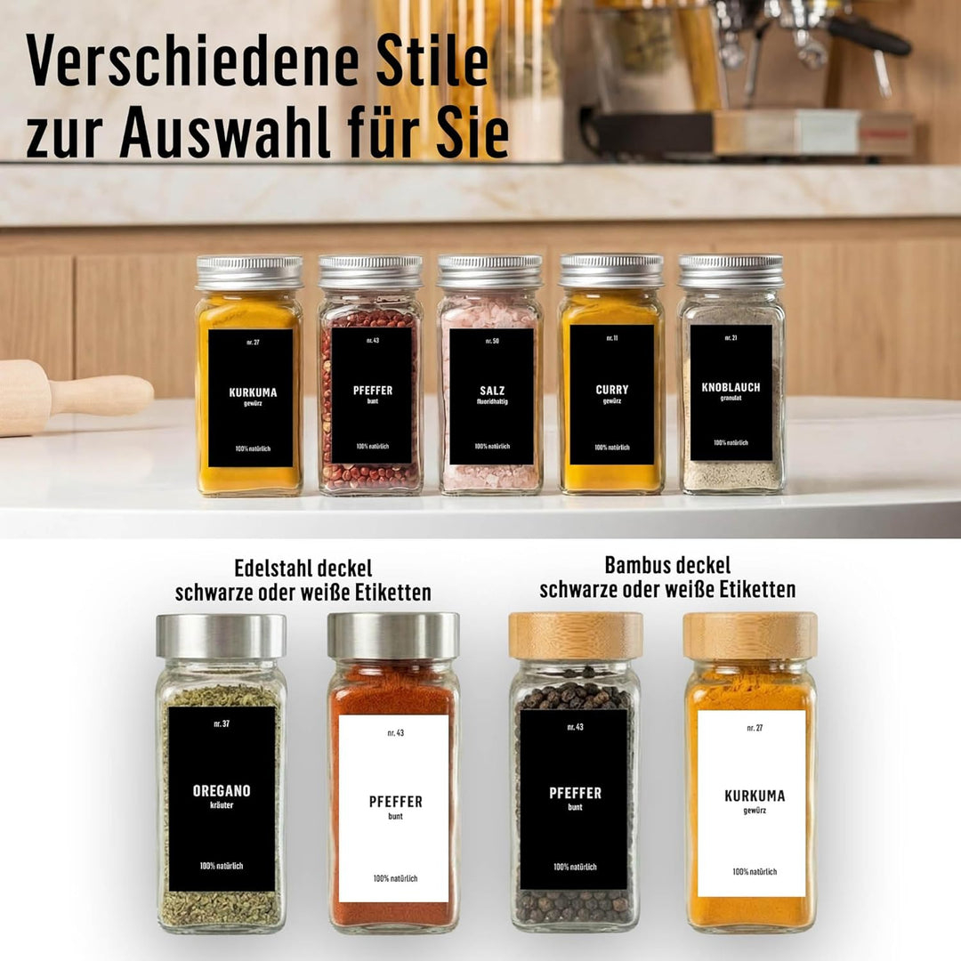 Deco haus® Gewürzgläser eckig mit Schraubkappe 12er Set [+Etiketten & Streueinsatz] - Gewürzdosen Se