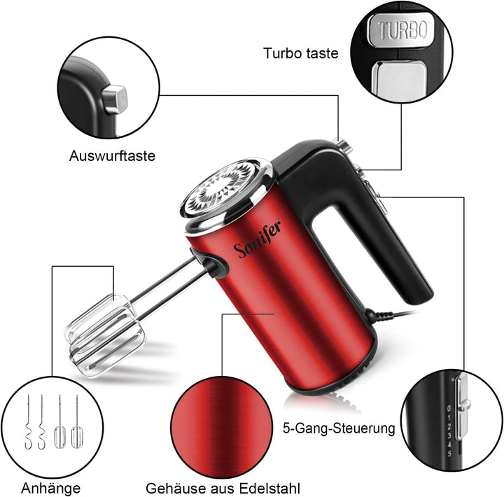 Sonifer Handrührgerät Elektrischer | 400 Watt Handmixer Edelstahl | 5 Geschwindigkeitsregler | Turbo