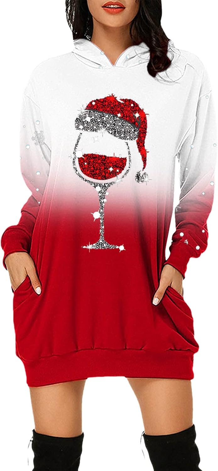 C'est TT Weihnachtskleid Damen Hoodie Langarm Hoodie Kleid Sweatkleid Long Kapuzen Sweatshirt Kleide