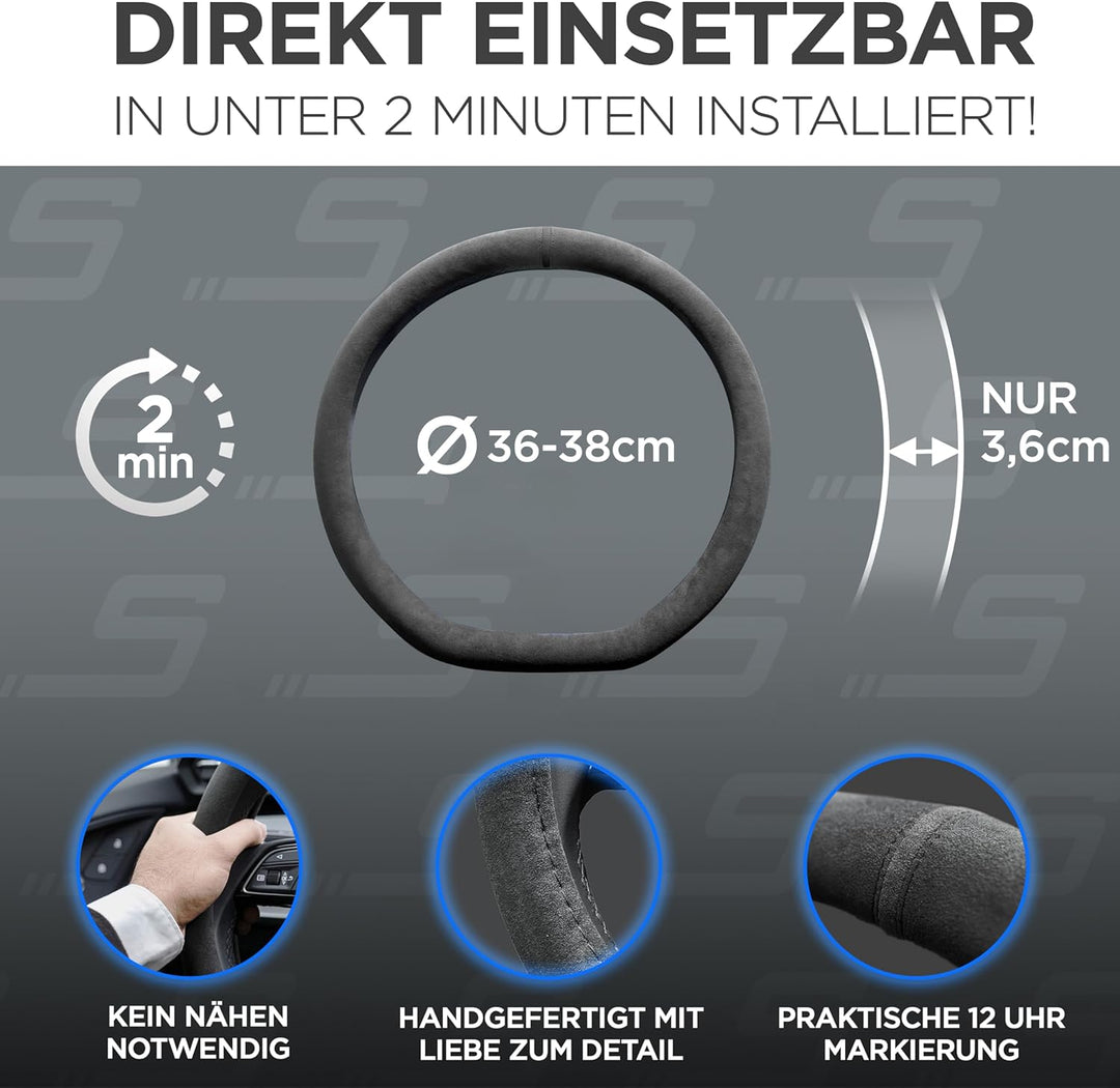 S-TETIC® Premium Lenkradbezug aus Alcantara | D-Form | Schwarze 12-Uhr Markierung | Universalgrösse