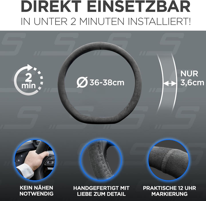 S-TETIC® Premium Lenkradbezug aus Alcantara | D-Form | Schwarze 12-Uhr Markierung | Universalgrösse