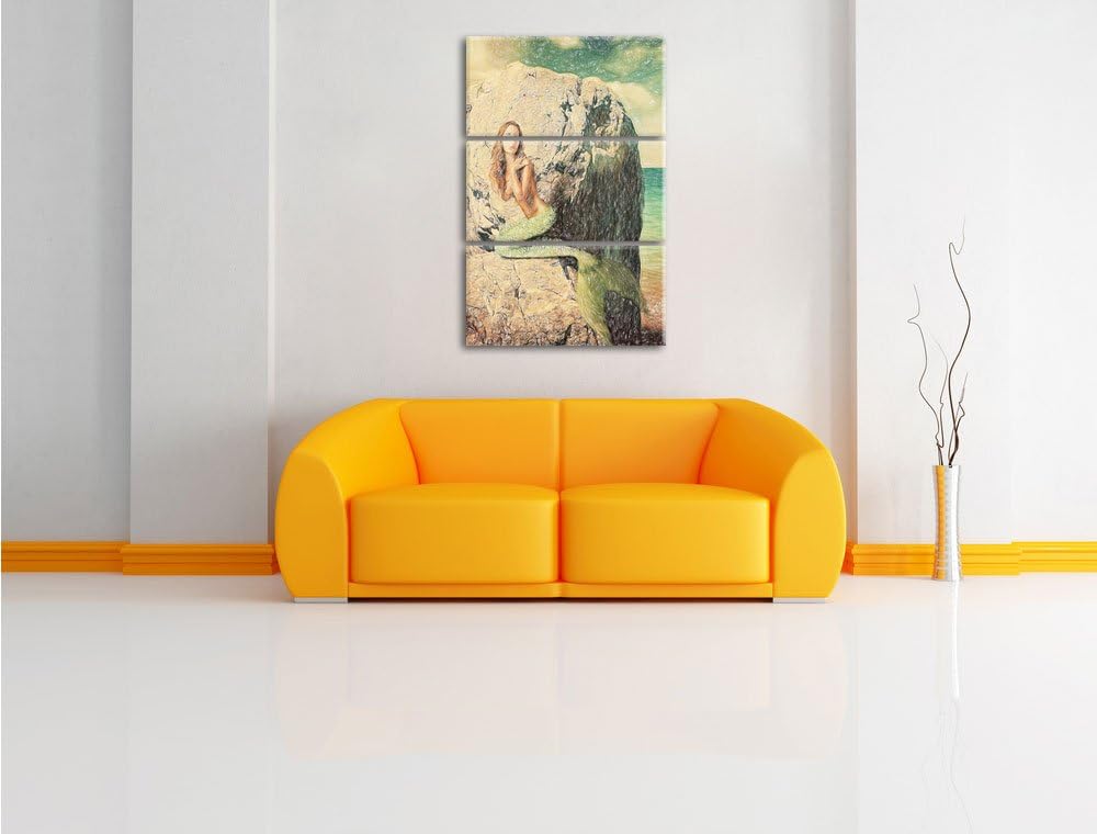 Pixxprint Meerjungfrau hinter Felsen als Leinwandbild/Grösse: 3 Teilig (120x80) cm/Wandbild/Kunstdru