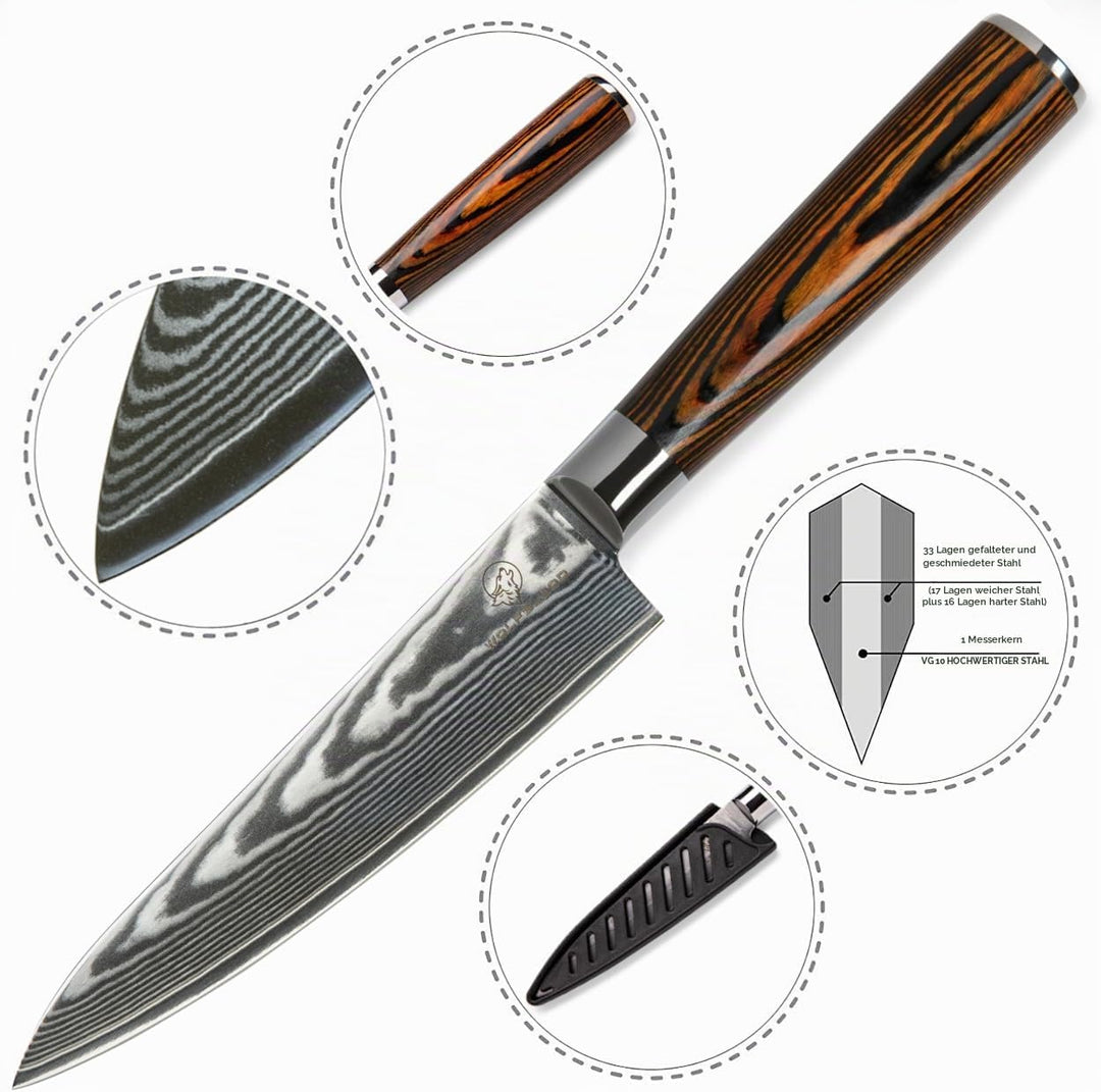 Wolfblood Damastmesser Küchenmesser L (26cm) TÜV geprüfter 62 HRC Damaststahl aus 67 Lagen I Damast-