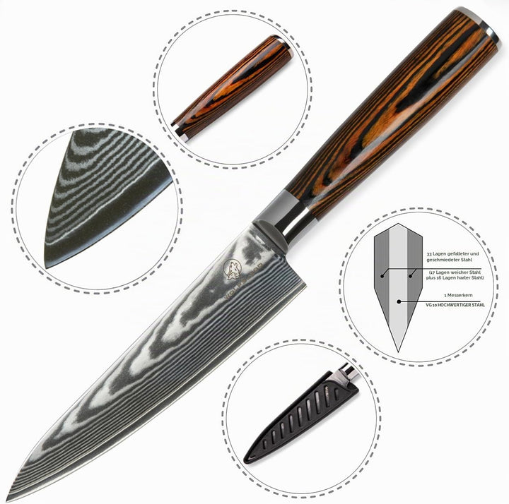 Wolfblood Damastmesser Küchenmesser L (26cm) TÜV geprüfter 62 HRC Damaststahl aus 67 Lagen I Damast-