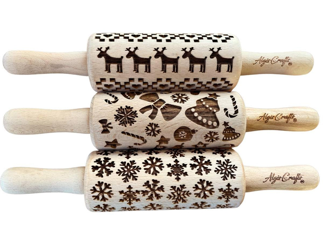 Kinder Nudelholz mit Muster Weihnachten Backen 3-er SET - Teigroller Holz für DIY Weihnachten Plätzc
