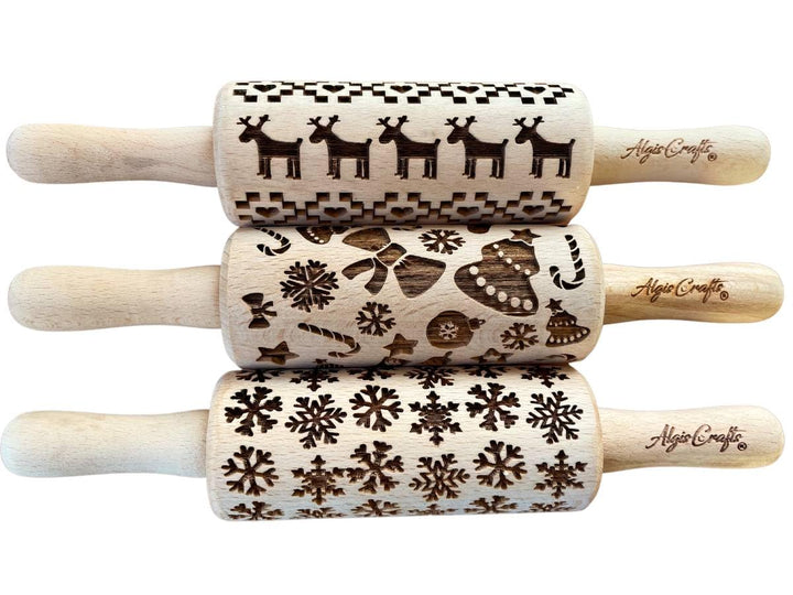 Kinder Nudelholz mit Muster Weihnachten Backen 3-er SET - Teigroller Holz für DIY Weihnachten Plätzc