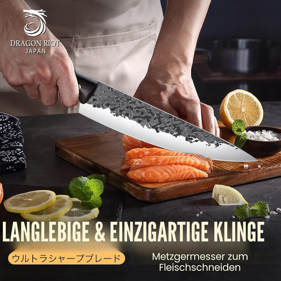 DRAGON RIOT Kochmesser profi Messer, Handgeschmiedet Japanisches Wikinger Messer, Fleischmesser extr