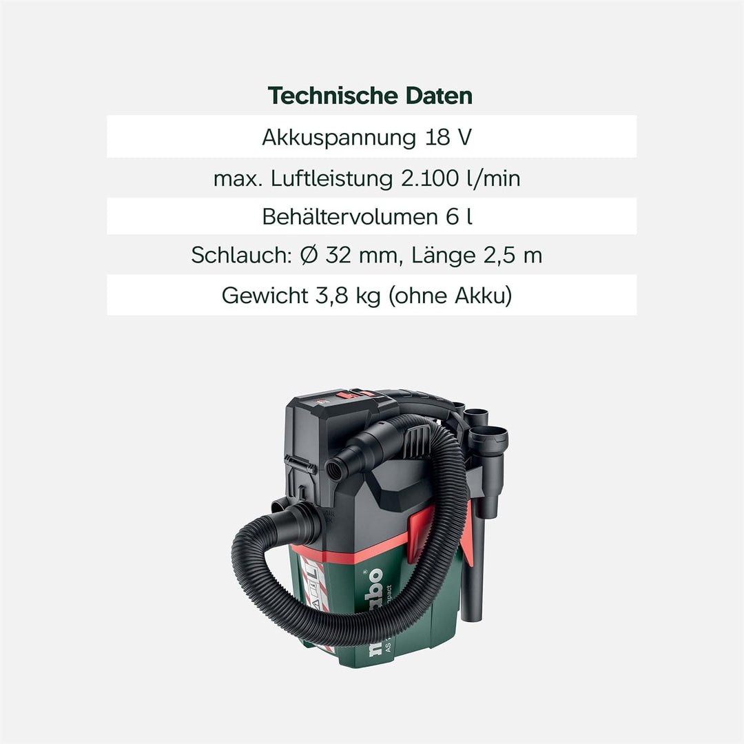 Metabo AS 18 L PC Compact Akku-Sauger 18V - Karton- mit manueller Filterreinigung - 602028850