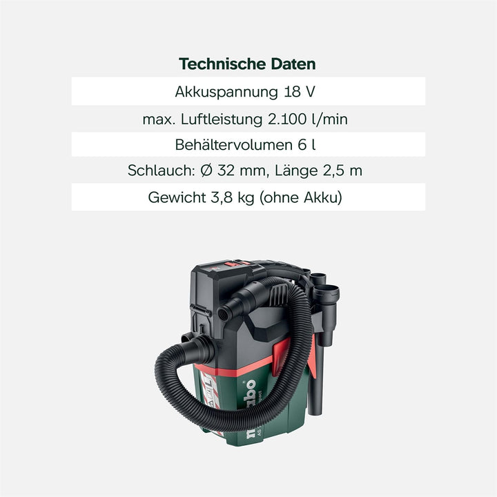 Metabo AS 18 L PC Compact Akku-Sauger 18V - Karton- mit manueller Filterreinigung - 602028850