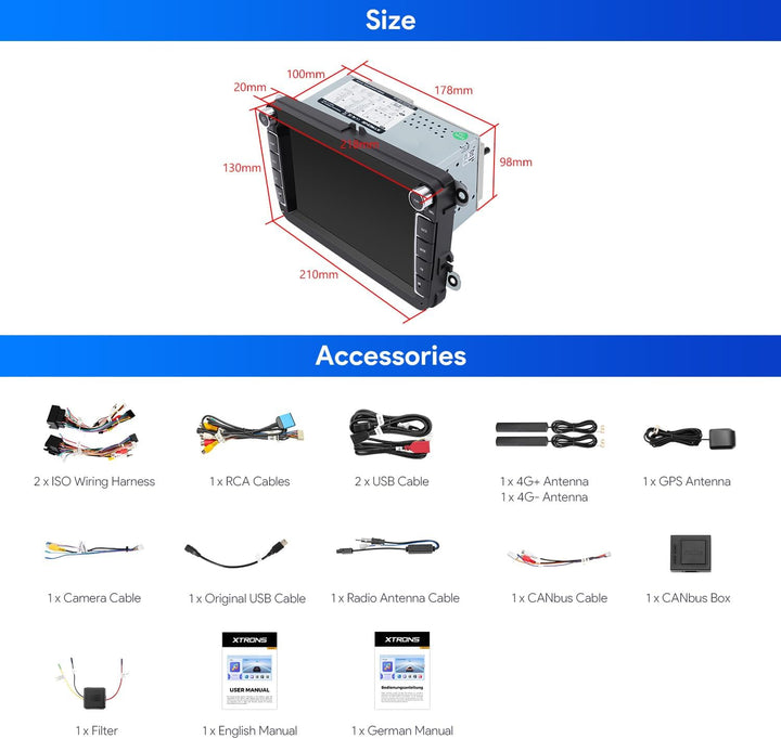 XTRONS Android 14 Autoradio für VW T5 Golf 5 6 Passat B7 Polo, 8 Zoll QLED Touchscreen Qualcomm Octa
