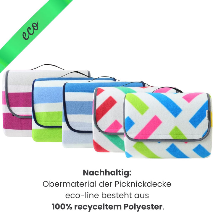 wometo eco-line nachhaltige Picknickdecke XXL 200x200 Grafik blau pink grün | 100% recyc. Fleece iso