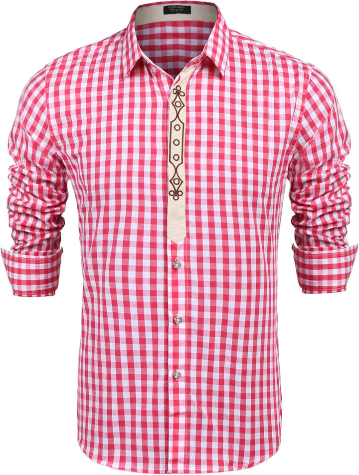 COOFANDY Herren Langarm Trachtenhemd Karriert Oktoberfest Hemd Regular Fit Karohemd Freizeithemd Pla