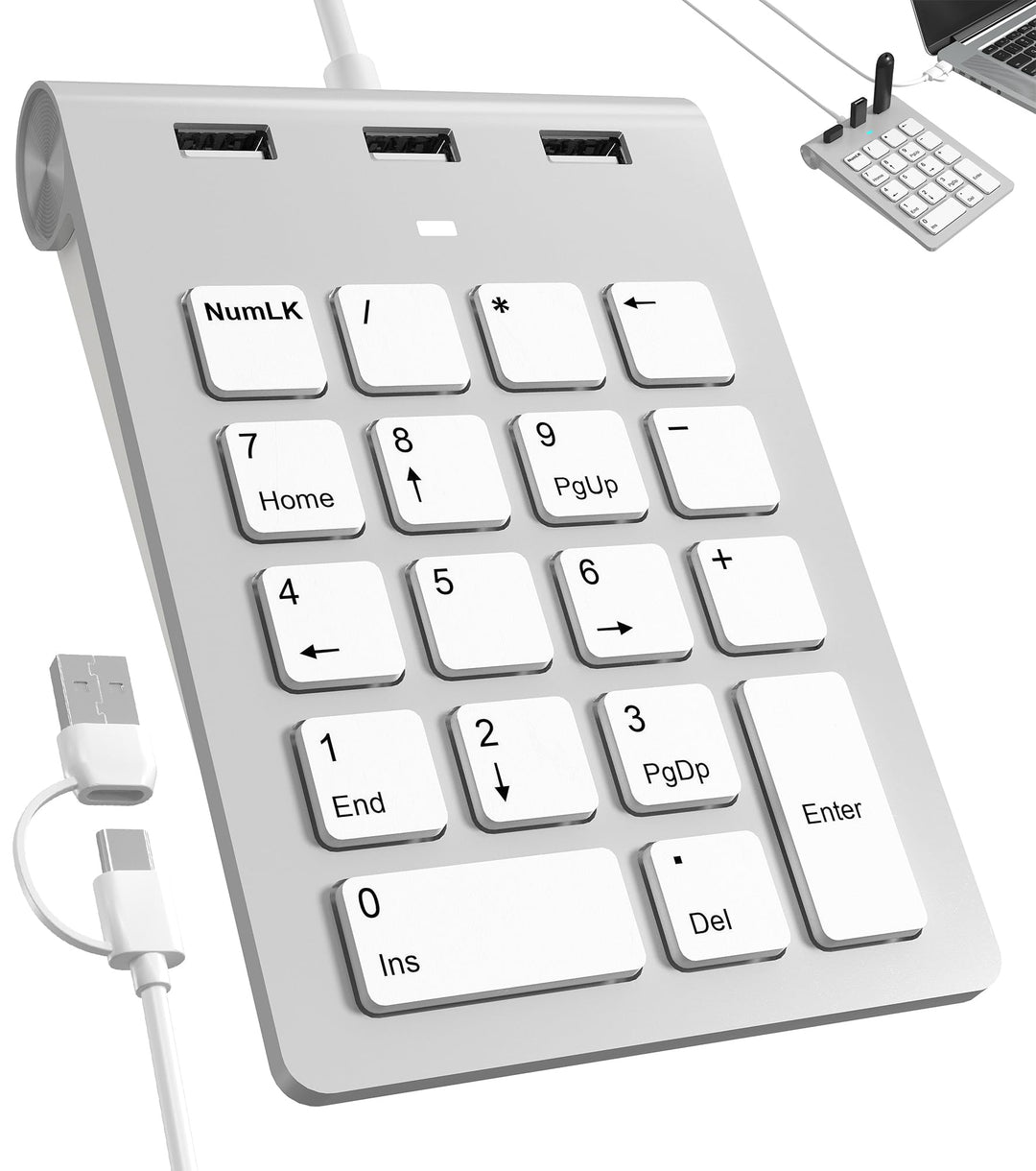2-in-1 Numpad Wired mit 3-Port USB-Hub, USB-A &amp; USB-C Ziffernblock mit 15° Ergonomie-Neigung für Lap