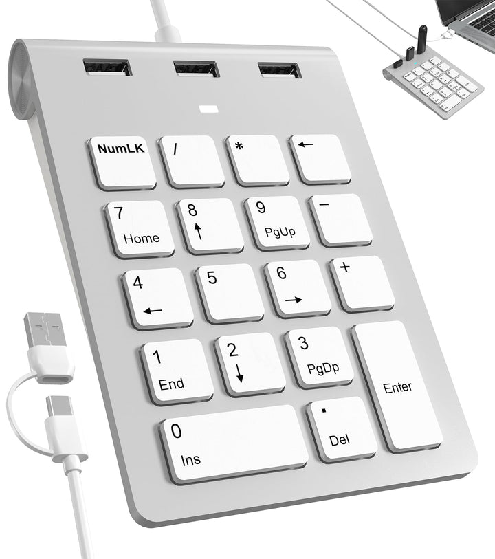 2-in-1 Numpad Wired mit 3-Port USB-Hub, USB-A &amp; USB-C Ziffernblock mit 15° Ergonomie-Neigung für Lap