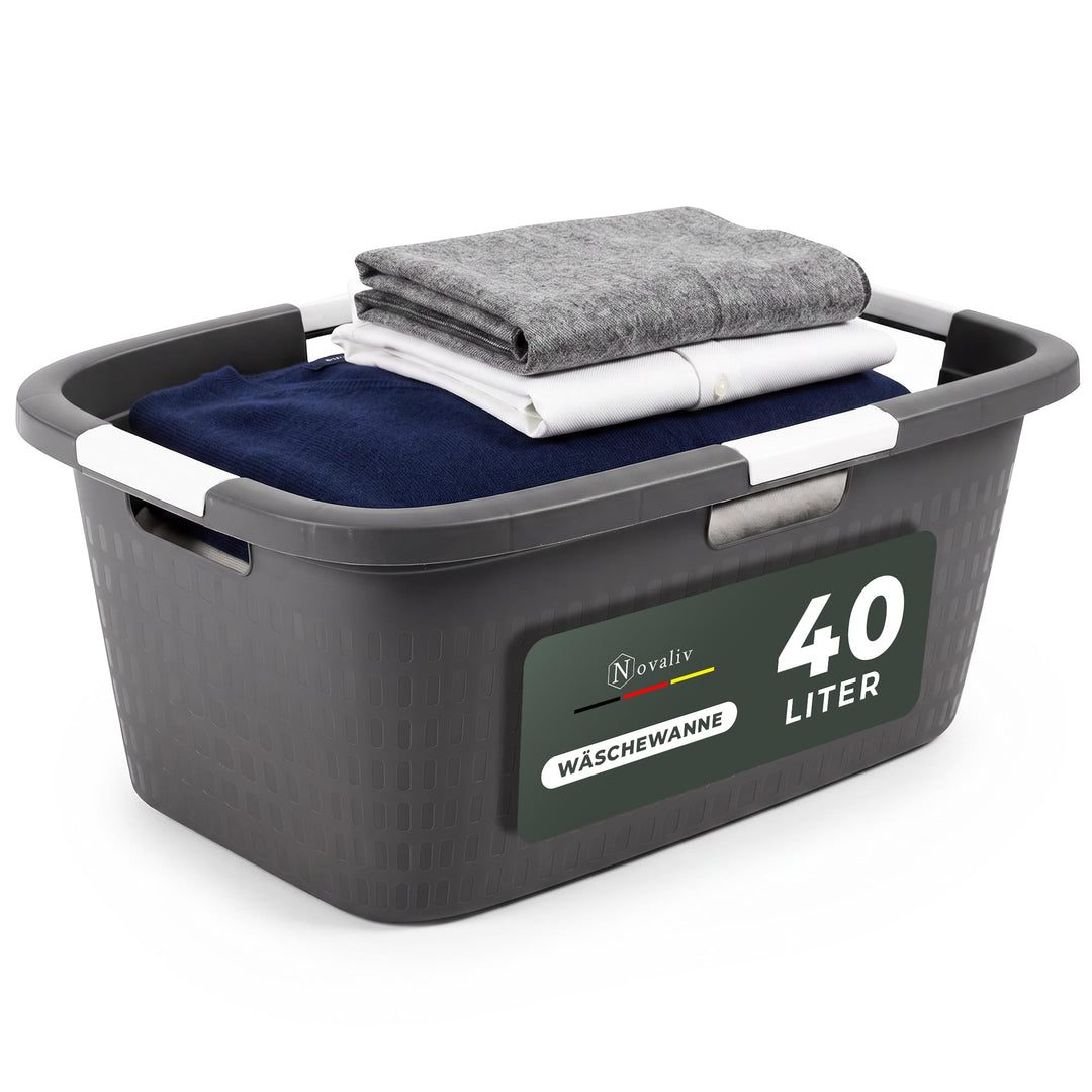 Novaliv Wäschewanne mit 4 Griffen 40L Anthrazit, Wäschebox Set Wäscheeimer Wäschebehälter für Bad Wä