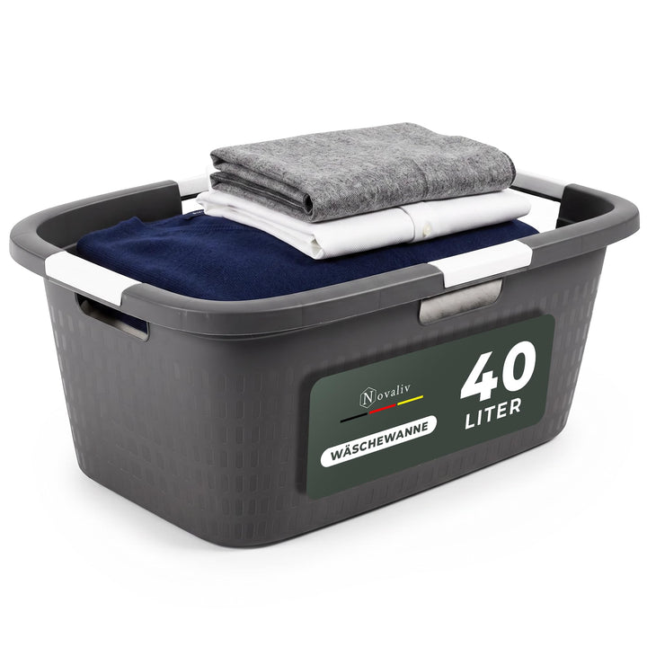 Novaliv Wäschewanne mit 4 Griffen 40L Anthrazit, Wäschebox Set Wäscheeimer Wäschebehälter für Bad Wä