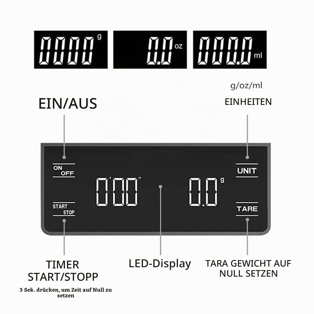 Kaffeewaage mit Timer, 3kg/0.1g Kaffeewaage Elektronische Küchenwaage, Digitale Kaffee Skala mit LED
