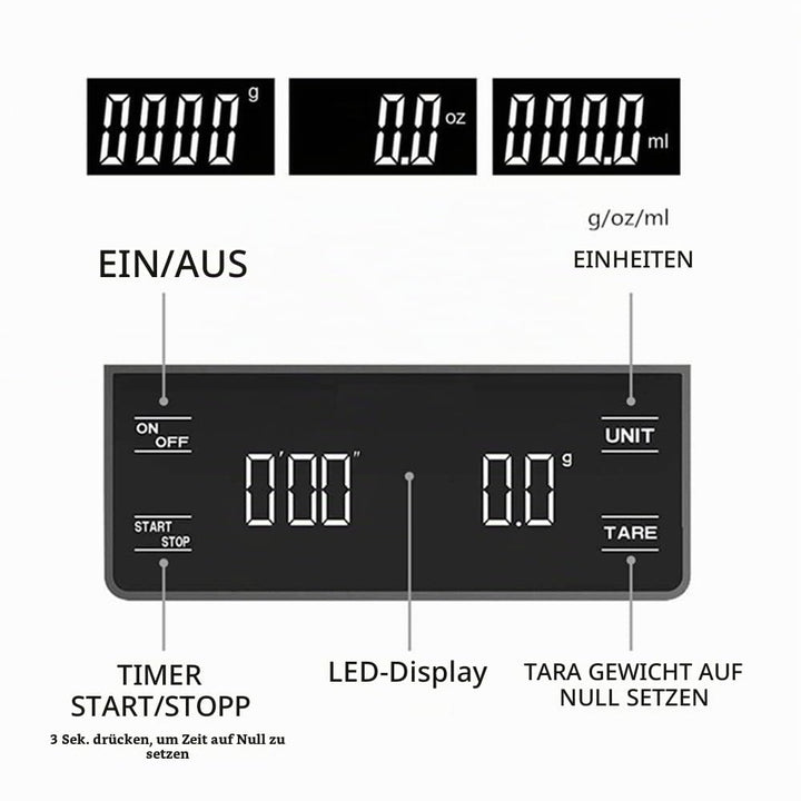 Kaffeewaage mit Timer, 3kg/0.1g Kaffeewaage Elektronische Küchenwaage, Digitale Kaffee Skala mit LED
