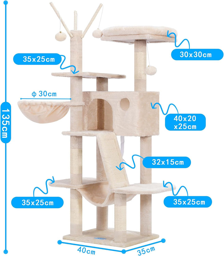 Hey-Brother Kratzbaum, 135 cm Indoor Katzenbaum, Mit gepolsterter Plattform Bett, Spielzeug Ball, Hö