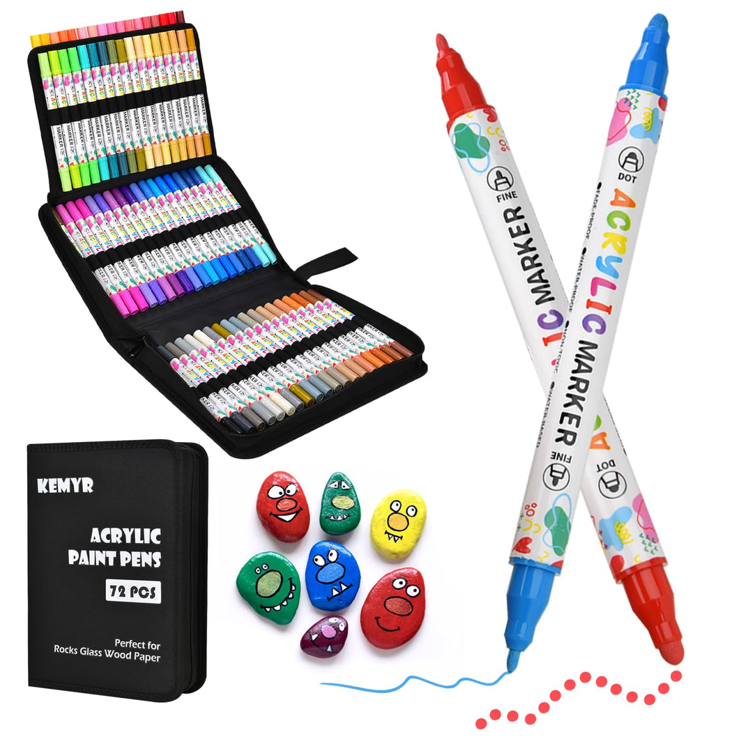 KEMYR 72 Farben Acrylstifte Set mit Doppelspitze, Acrylmarker Wasserfeste für Steine, Holz, Glas & P