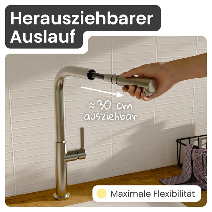 instmaier Cassia | Küchenarmatur mit herausziehbarem Auslauf | Edelstahl | Wasserhahn Küche 360° sch