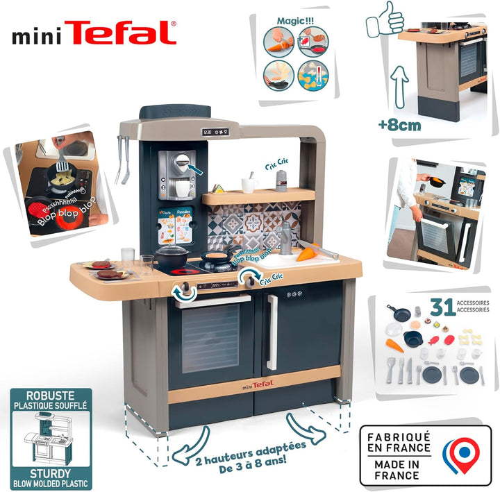 Smoby - Tefal Evo Küche – mitwachsende Kinderküche mit Spüle, Herd, Essecke, viel Zubehör, Wasserhah