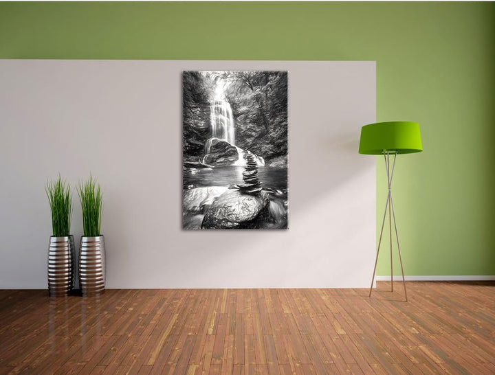 Pixxprint Zen Steine vor Wasserfall Kunst Kohle Effekt, Format: 100x70 auf Leinwand, XXL riesige Bil