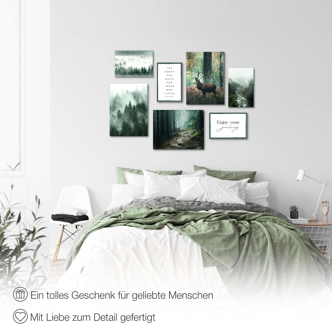Novart Wandbilder Wald Hirsch - KOMPLETT AUFHÄNGFERTIG - Natur Grün Wohnzimmer Schlafzimmer- 7 Moder