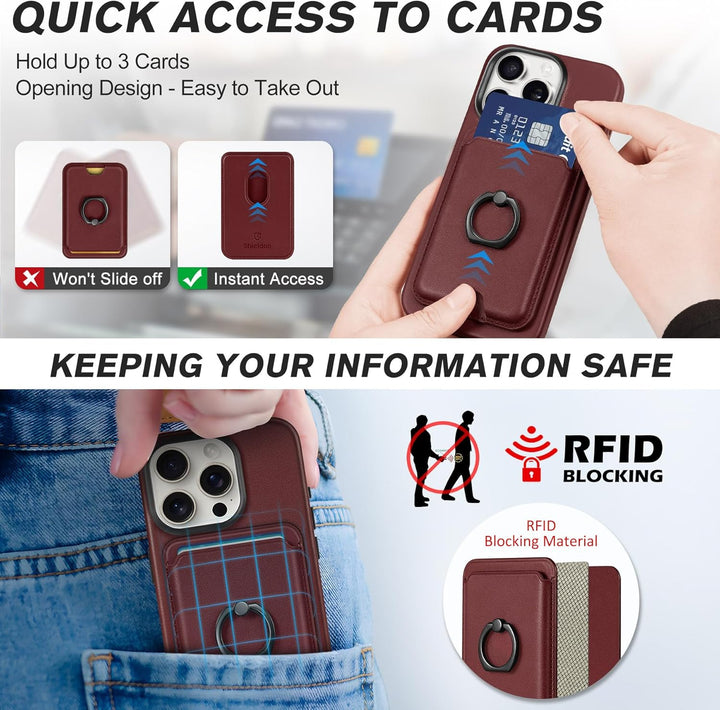 SHIELDON Hülle für iPhone 15 Pro Handyhülle Handy Kartenhalter [Echtleder] [2-IN-1 ] [Kabellos Aufla