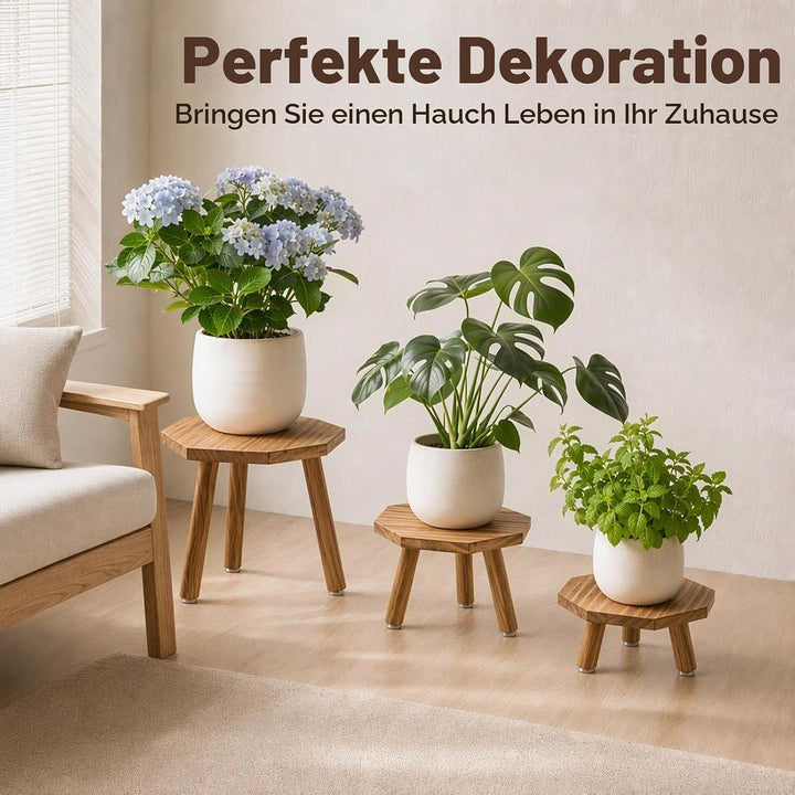 Blumenhocker Holz 3er-Set, 3 Achteckige Blumenständer für Innen