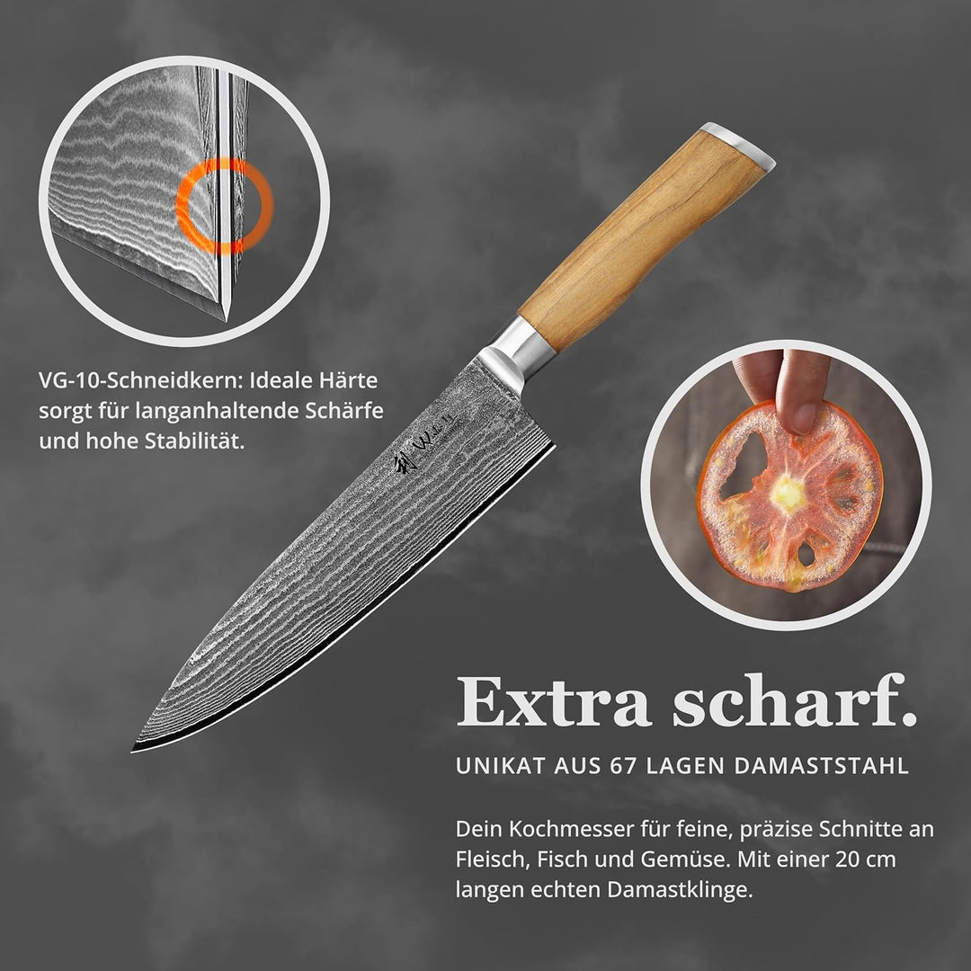 Wakoli Oliven Damastmesser - sehr hochwertiges Profi Messer mit Olivenholz Griff mit Damast Klinge,