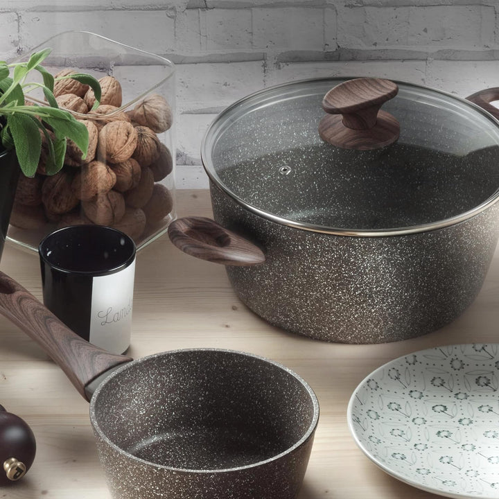 Pintinox Kasserolle aus Aluminium, Serie Natura, antihaftbeschichtet, Steinoptik, Griff in Holzoptik