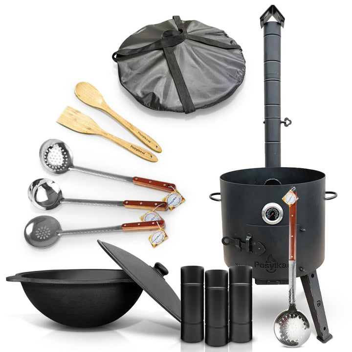 Gusseisen Kazan 16 L Kasan Казан mit Feuerofen Utschak Ø 44 cm runder Boden Abdecktasche Schaumlöffe