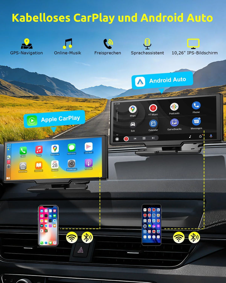 ESSGOO 10.26 Zoll Kabelloses CarPlay Display mit 4K Dashcam,1080P Rückfahrkamera &amp; 4 Reifendruckkont