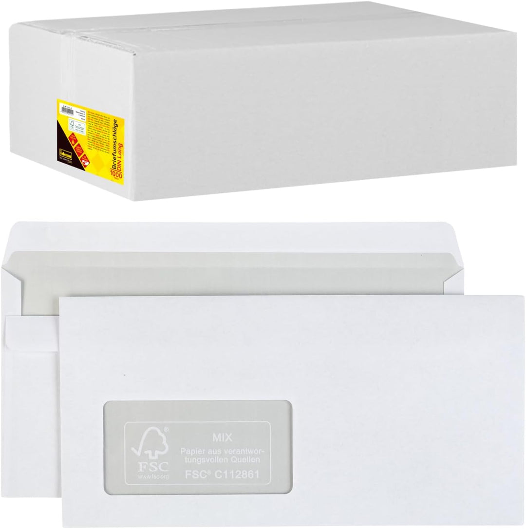 Idena 10221 - Briefumschläge mit Fenster DIN lang, 1000 Stück selbstklebend, Umschläge aus 75 g/m² F