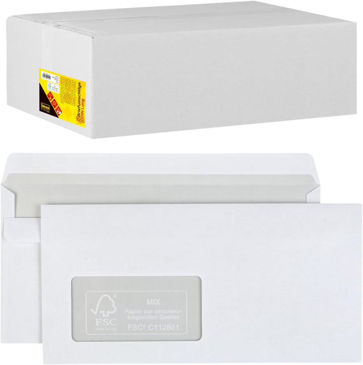 Idena 10221 - Briefumschläge mit Fenster DIN lang, 1000 Stück selbstklebend, Umschläge aus 75 g/m² F