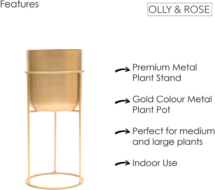Olly & Rose Goldfarbener Metall-Blumentopf mit goldfarbenem Pflanzenständer – hoch 50 cm grosser Pfl