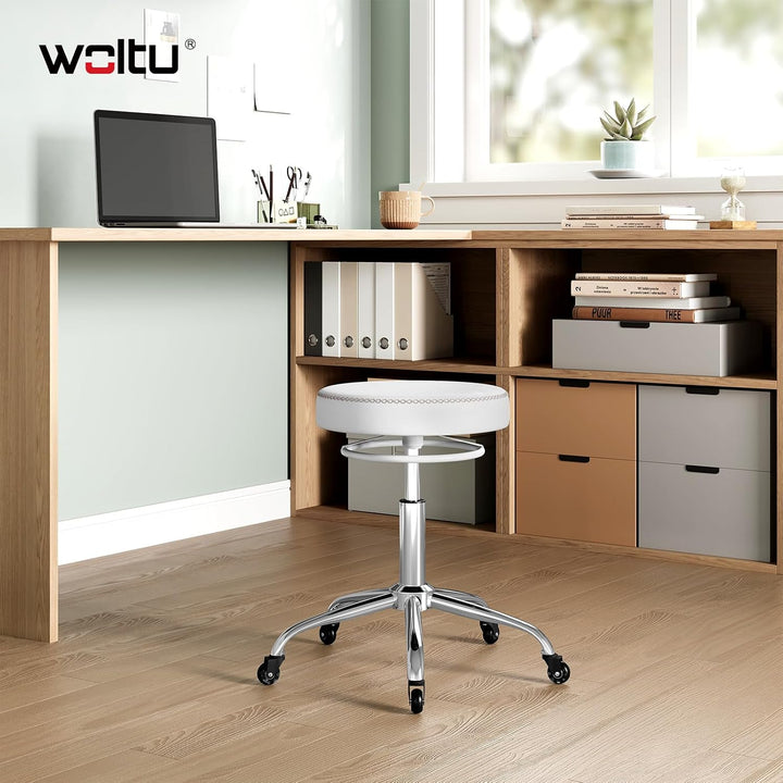 WOLTU Rollhocker höhenverstellbar, Bürohocker 360° drehbar, Weiss | Drehhocker mit Rollen, runder Ho