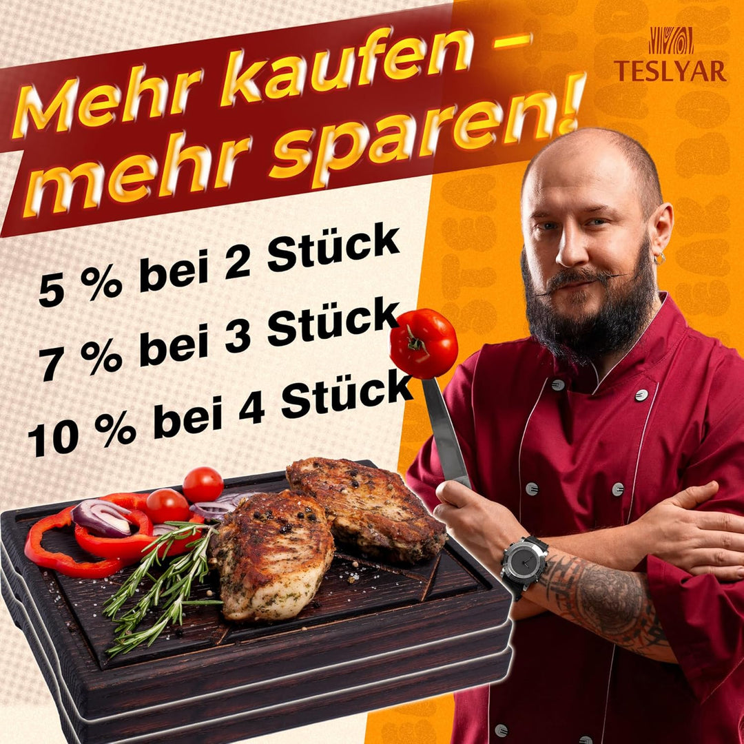 TESLYAR Steak Brett Servierbrett Holz XXL Eichenholz 40x30cm Extragross - Steak Servierplatte/Steakb