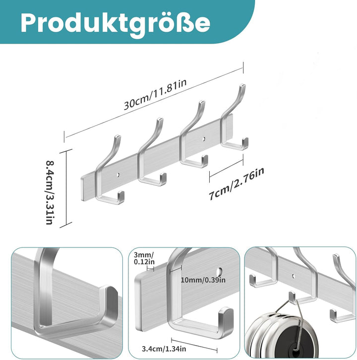 Garderobenhaken Edelstahl Hakenleiste Garderobe Garderobenleiste Silber Kleiderhaken Wand mit 4 Hake