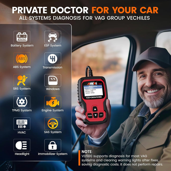 Ancel VD500 OBD2 Diagnosegerät Fehlercodes Auslesen und Löschen Motor EPB ABS SRS OBD Öl TPS Zurücks