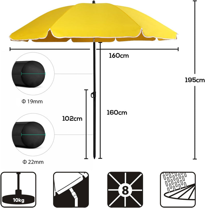 Sekey Sonnenschirm 160 cm mit Schutzhülle, Sonnenschirm Strand mit Neigungswinkel und Höhe verstellb