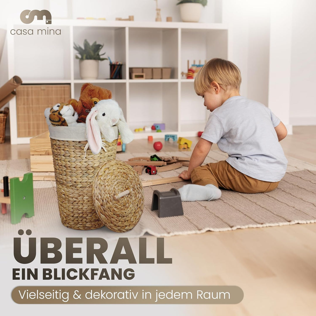 Casa Mina® Wäschekorb mit Deckel D35 x H55cm hoch I Atmungsaktiver Wäschekorb geflochten aus 100% Na