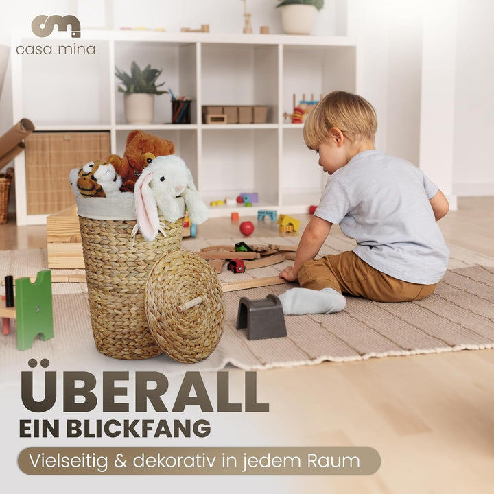 Casa Mina® Wäschekorb mit Deckel D30 x H44cm hoch I Atmungsaktiver Wäschekorb geflochten aus 100% Na