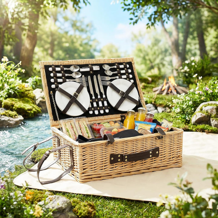 Outsunny Picknickkorb aus Weidenholz Picknickkoffer für 4 Personen mit Isoliert Kühlfach Picknickdec