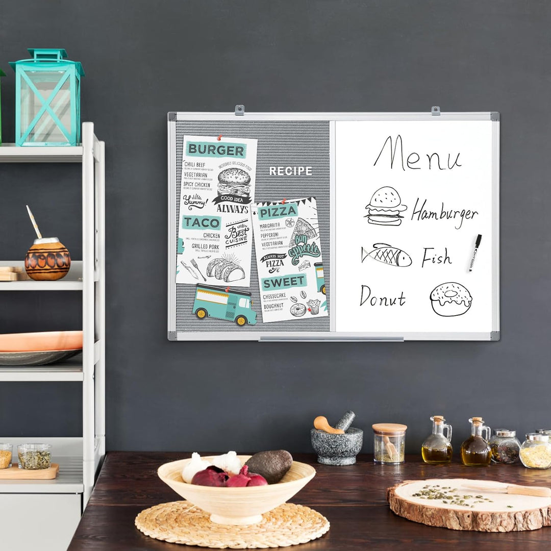 MAKELLO Kombitafel 90x60cm Whiteboard und Buchstaben Tafel, Pinnwand Magnettafel mit Aluminiumrahmen