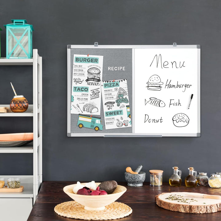 MAKELLO Kombitafel 90x60cm Whiteboard und Buchstaben Tafel, Pinnwand Magnettafel mit Aluminiumrahmen