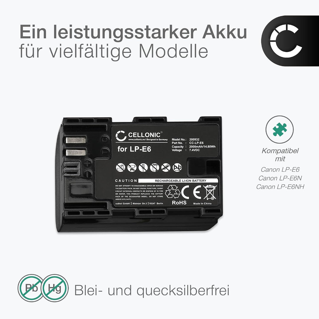 CELLONIC 2X Kamera Ersatzakku LP-E6 LP-E6N für Canon EOS 5D Mark II III IV EOS 5DS R EOS 60D 60Da 6D