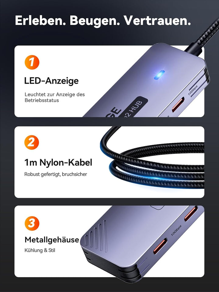 USB C 3.2 Hub 10Gbps, QUUGE 4-in-1 Adapter mit 4 USB C 3.2 Ports, Aluminium Multiport Splitter mit 1