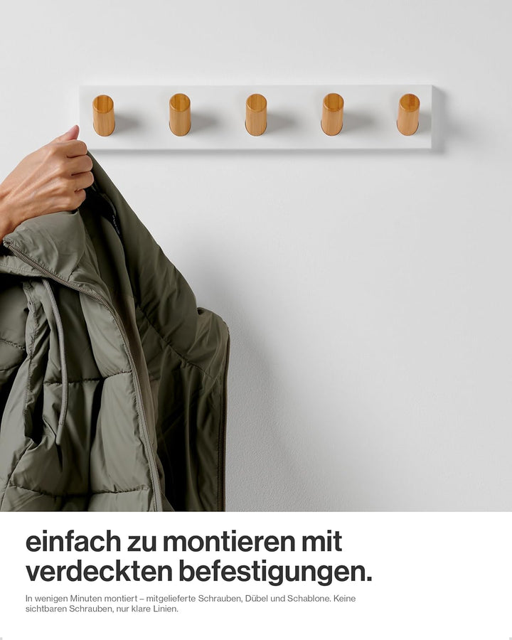 LARHN Garderobenleiste Weiss mit 5 Haken XL (2 Stk.), 42cm - Wandgarderobe, Jackenhalter Wand, Haken
